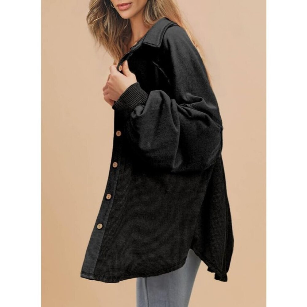 Women's Knit Loose Long Sleeve Black Fashion Button Down Shirt Jacket Tops - Picture 4 of 7